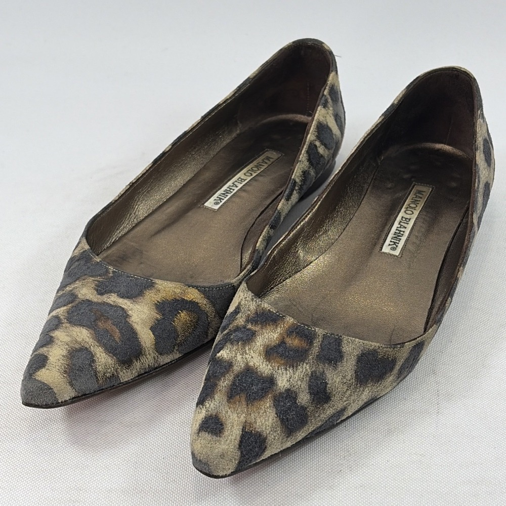 Manolo Blahnik Pointed Toe Leopard Print Ballet Flats Women's 36EU 5.5US Suede